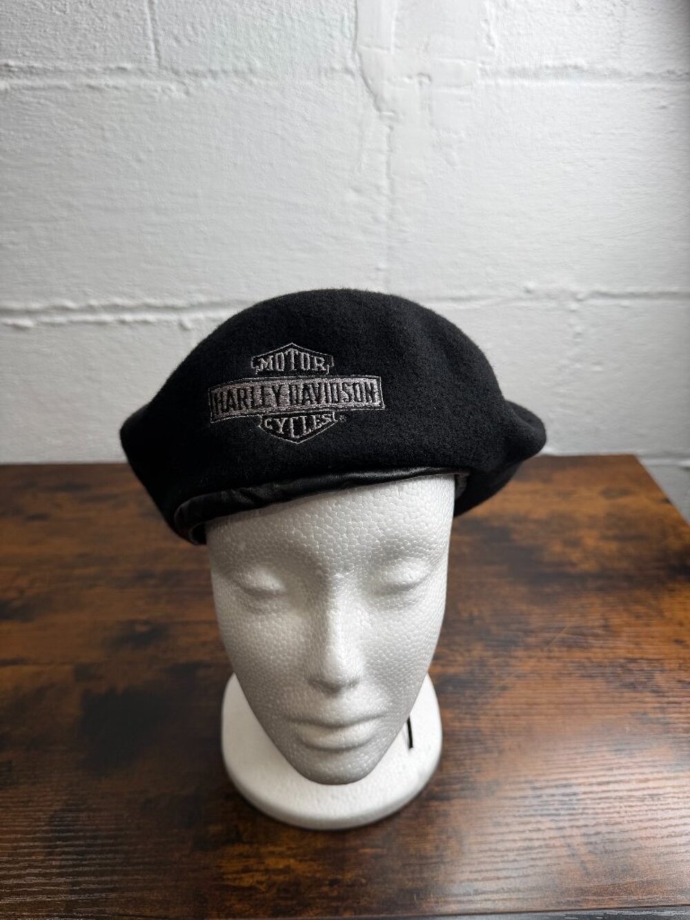 Rare Vintage Harley Davidson 100% Wool Beret Leather Trim Adjustable Black USA